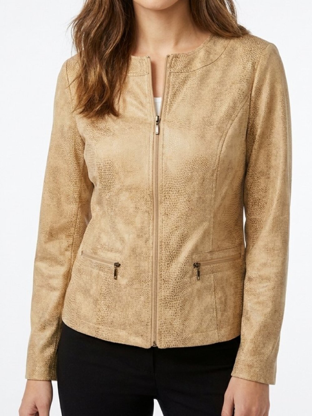 Snake Print Collarless JM Collection Tan Faux Suede Zip Jacket Size 10P Petite